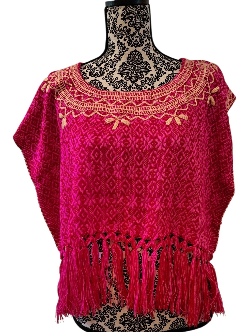 Mexican Fuchsia Embroidered Fringe Poncho Tunic Size M